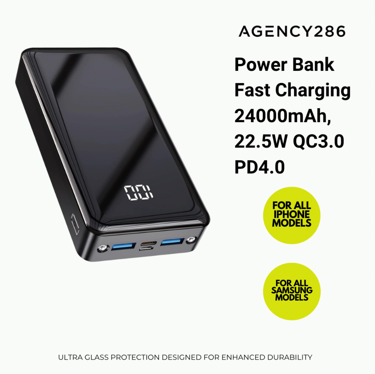 Power Bank Fast Charging 24000mAh, 22.5W QC3.0 PD4.0 Small USB C 4 Port By Agency286